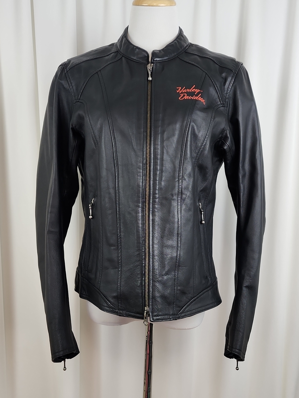 Harley-Davidson Cafe Racer Leather Riding Jacket Size L Black Orange